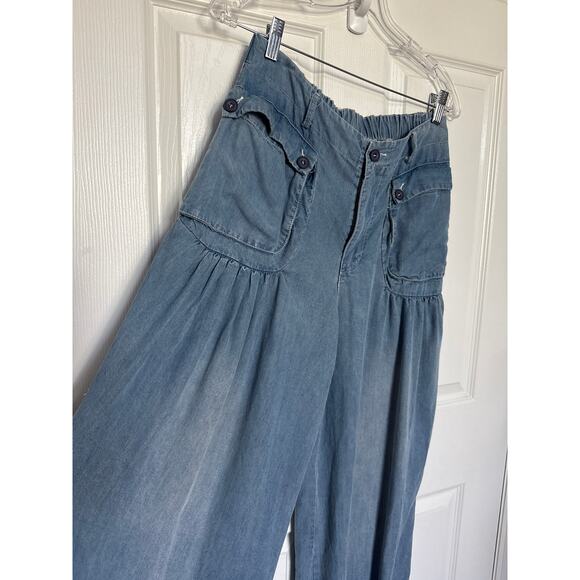 Oli & Hali Pants Large Wide Leg ankle ties Chambray Tencel waist 30" medium - Picture 5 of 15